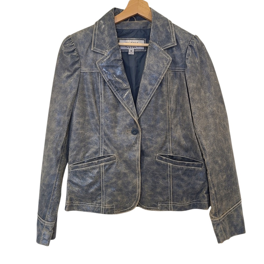 Wilsons Leather Maxima Womens M Distressed‎ Metallic Blue Leather Blazer Jacket